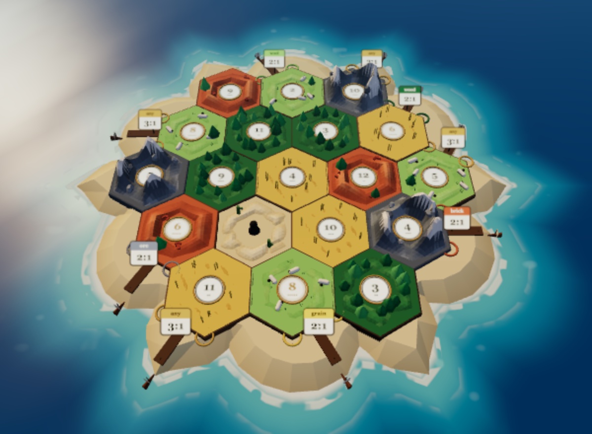 A Woolholm island seen from above: nineteen hex tiles of forest, pasture, field, hill and mountain, each with its number token, ringed by beach, harbours and sea.